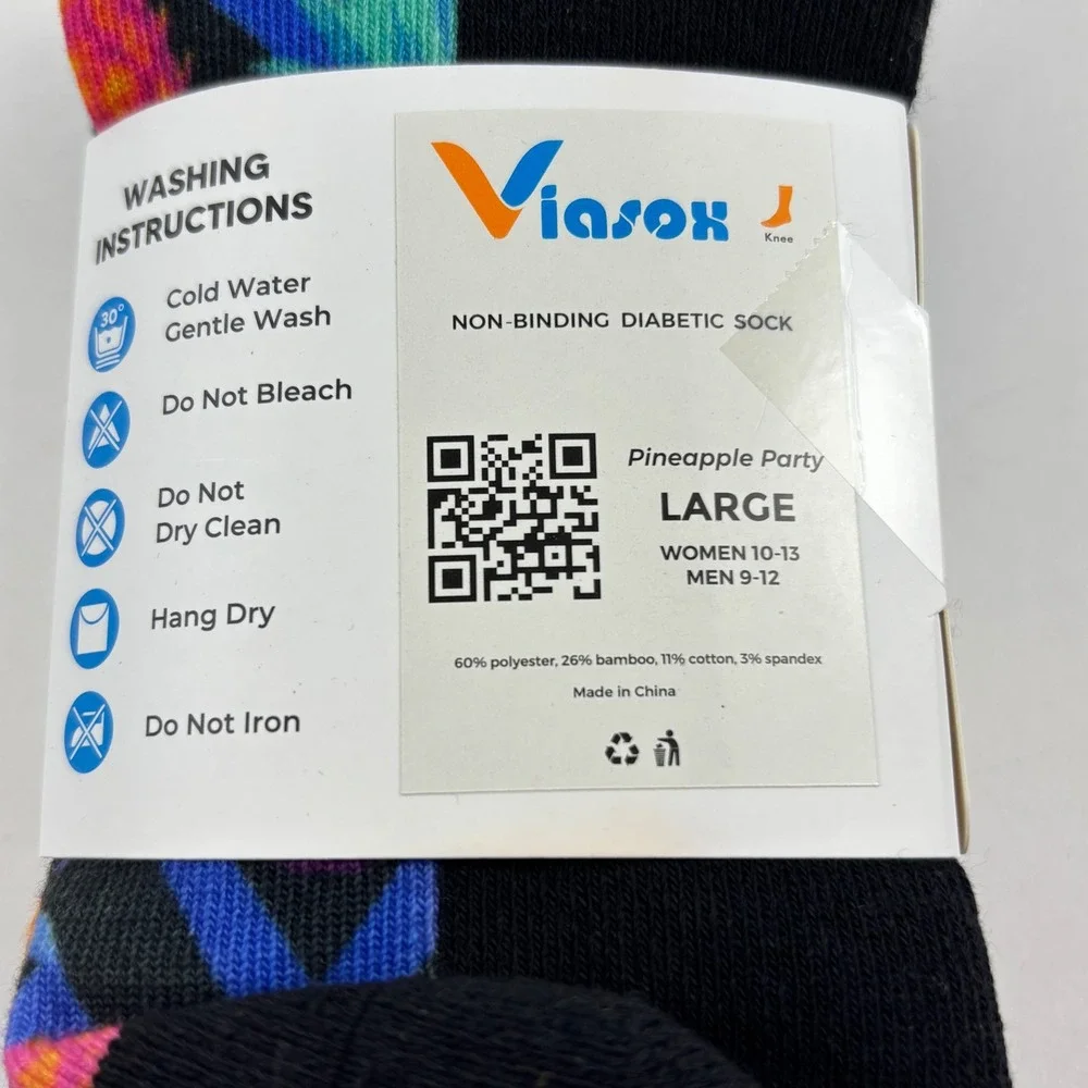 Viasox Diabetic Socks Unisex Large Black Pineapple Party NWT Non-Binding Knee